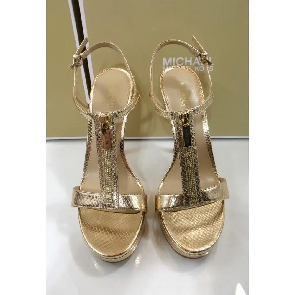 Michael Kors Berkley Stiletto Platform Heels Sandals Leather Pale Gold - Picture 4 of 7